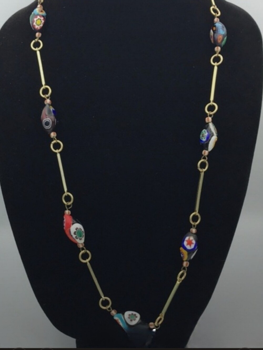 Vintage MuranoVenetian Millefiori Glass Bead Necklace with Gold-Tone Links